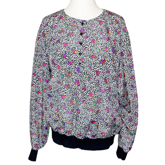 Vintage 80s New Wave Rainbow Prism Notebook Print Top - Picture 1 of 6